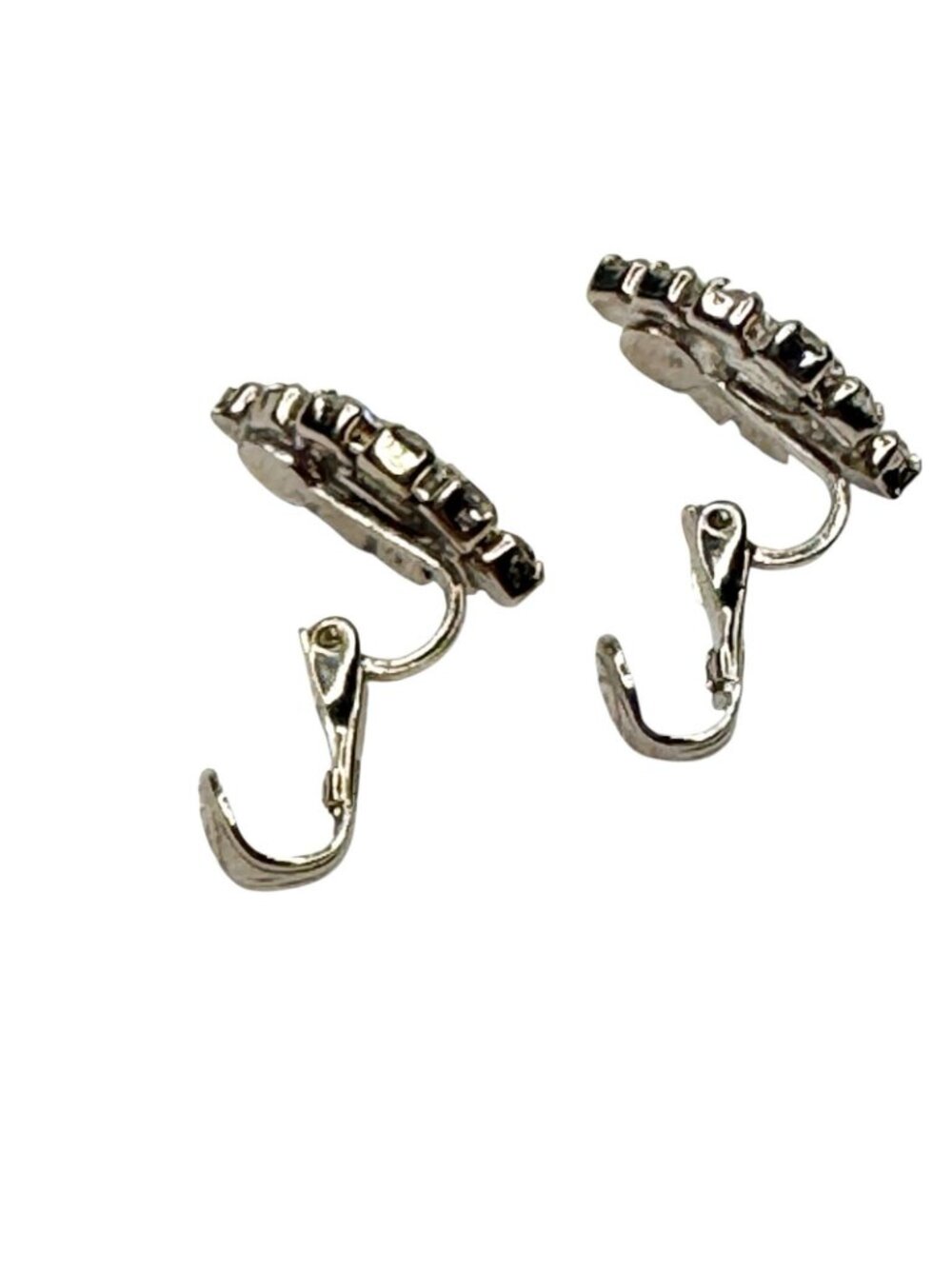 Marquise Cut Earrings Prong Set Rhinestones Clip On Silver Tone 3/4" Vintage - Picture 9 of 12
